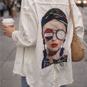 Oversized White Distressed Denim Jacket Artistic Woman Graphic Back - Statement